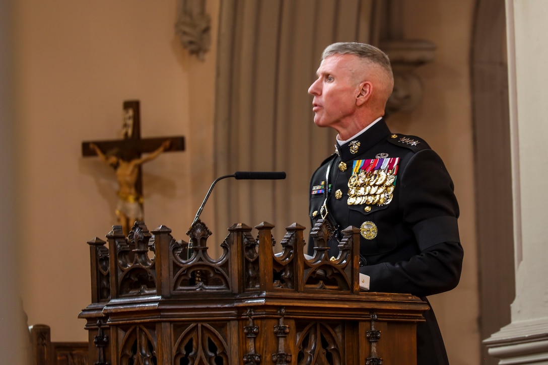 Assistant Commandant of the Marine Corps, Gen. Eric M. Smith, speaks at a memorial reception for Gen. Richard I. Neal, at St. Joseph's Church in Washington, D.C. on July 6, 2022. Gen. Neal, who served as the 26th Assistant Commandant of the Marine Corps, passed away on June 17, 2022.