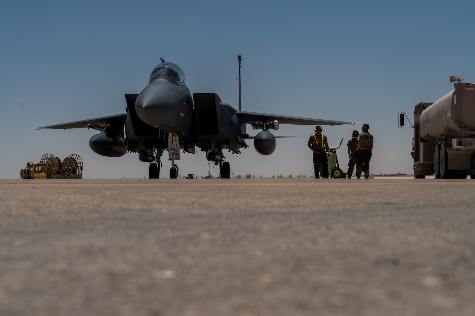 Two U.S. Air Force F-15Es conducted the flight from Souda Bay, Greece to the U.S. Central Command area of responsibility in an effort to exercise cross-combatant command Agile Combat Employment operations. AFCENT members led the hot-pit refueling, an ACE technique which cuts refueling time by hours, allowing AFCENT and incoming partner aircrews to generate multiple consecutive sorties from the same aircraft as well as increase airpower staging options in theater.