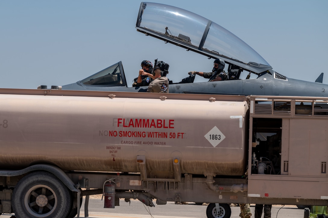 Two U.S. Air Force F-15Es conducted the flight from Souda Bay, Greece to the U.S. Central Command area of responsibility in an effort to exercise cross-combatant command Agile Combat Employment operations. AFCENT members led the hot-pit refueling, an ACE technique which cuts refueling time by hours, allowing AFCENT and incoming partner aircrews to generate multiple consecutive sorties from the same aircraft as well as increase airpower staging options in theater.