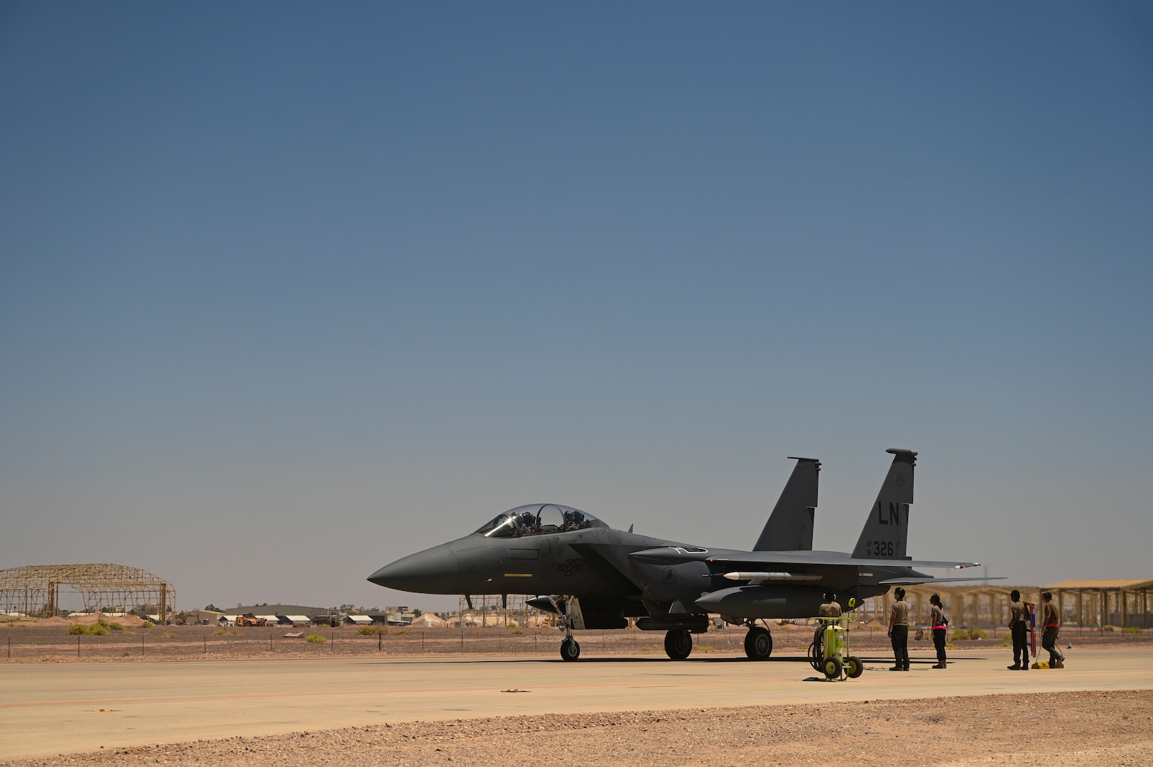 Two U.S. Air Force F-15Es conducted the flight from Souda Bay, Greece to the U.S. Central Command area of responsibility in an effort to exercise cross-combatant command Agile Combat Employment operations. AFCENT members led the hot-pit refueling, an ACE technique which cuts refueling time by hours, allowing AFCENT and incoming partner aircrews to generate multiple consecutive sorties from the same aircraft as well as increase airpower staging options in theater.