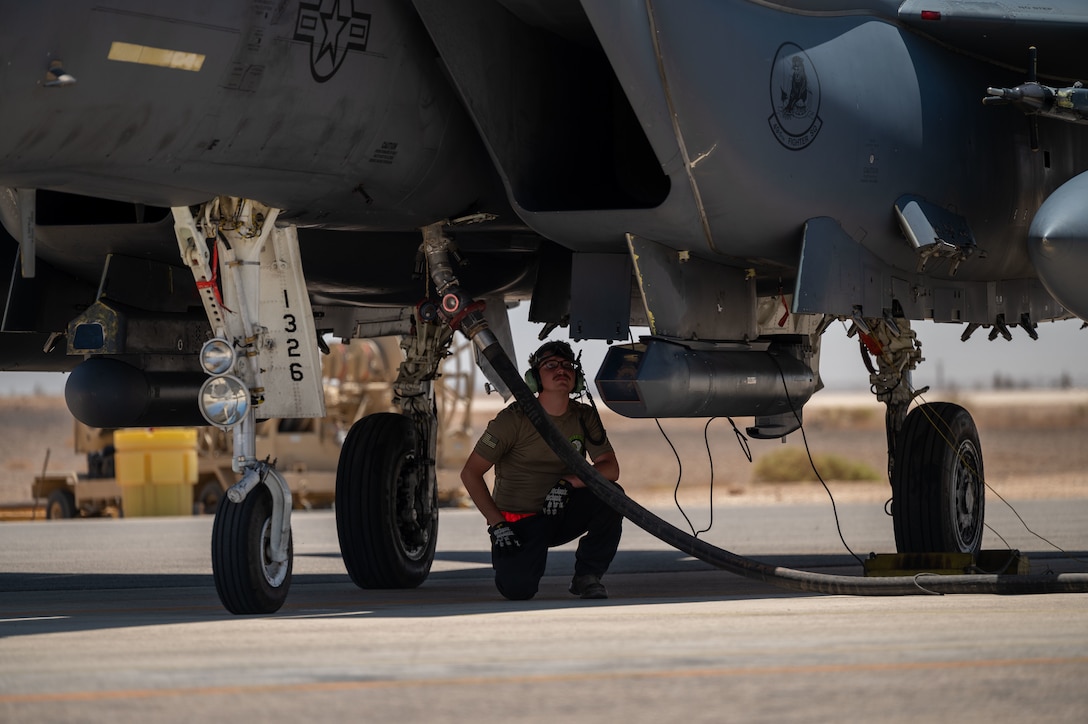 Two U.S. Air Force F-15Es conducted the flight from Souda Bay, Greece to the U.S. Central Command area of responsibility in an effort to exercise cross-combatant command Agile Combat Employment operations. AFCENT members led the hot-pit refueling, an ACE technique which cuts refueling time by hours, allowing AFCENT and incoming partner aircrews to generate multiple consecutive sorties from the same aircraft as well as increase airpower staging options in theater.