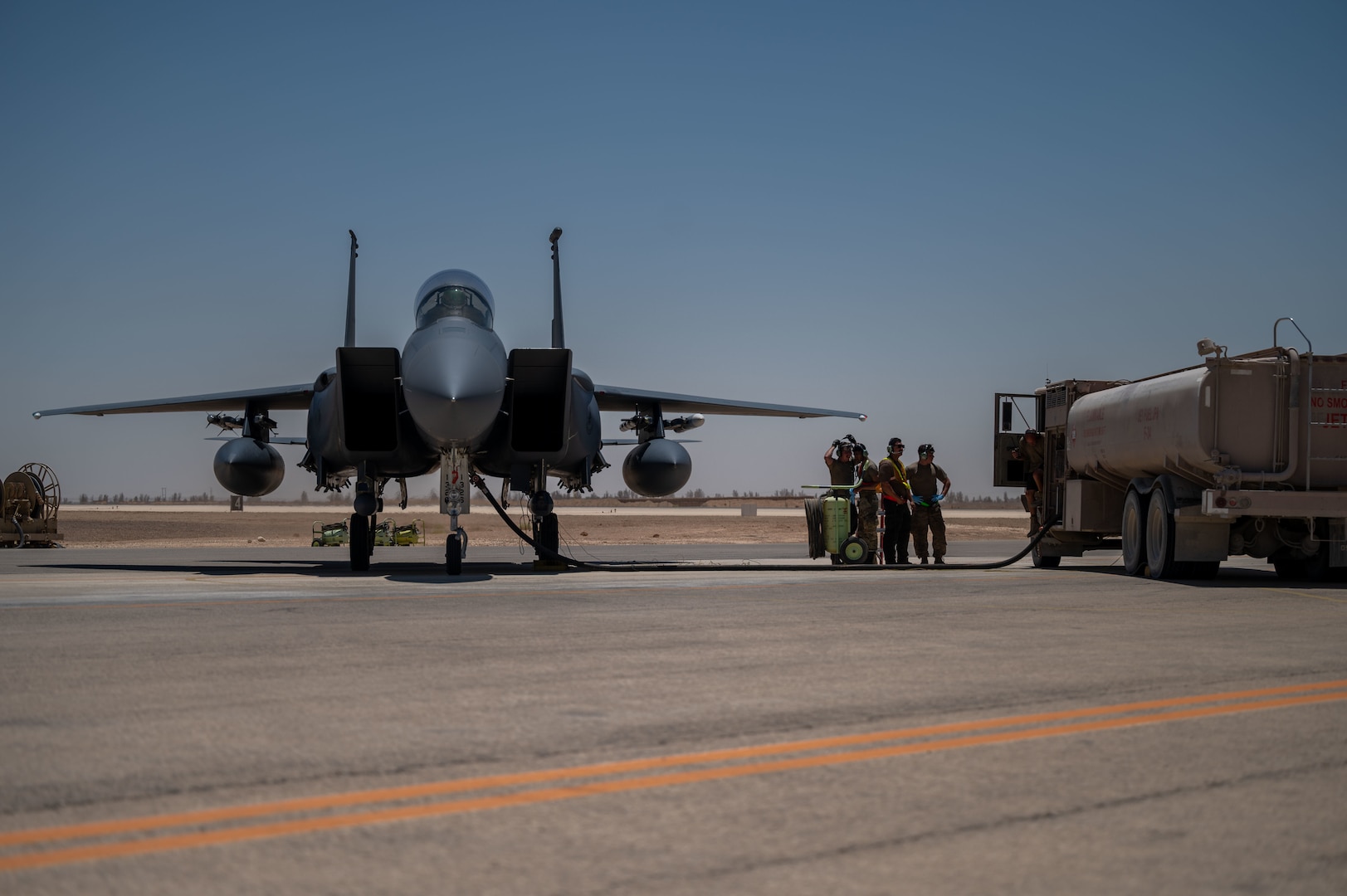 Two U.S. Air Force F-15Es conducted the flight from Souda Bay, Greece to the U.S. Central Command area of responsibility in an effort to exercise cross-combatant command Agile Combat Employment operations. AFCENT members led the hot-pit refueling, an ACE technique which cuts refueling time by hours, allowing AFCENT and incoming partner aircrews to generate multiple consecutive sorties from the same aircraft as well as increase airpower staging options in theater.