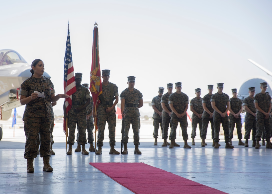 U.S. Marine Corps Master Sgt. Maribel Valdez, administrative chief, Marine Aviation Logistics Squadron 13 (MALS-13), 3rd Marine Aircraft Wing, speaks to guests during her retirement ceremony at Marine Corps Air Station Yuma, Arizona, June 24, 2022.