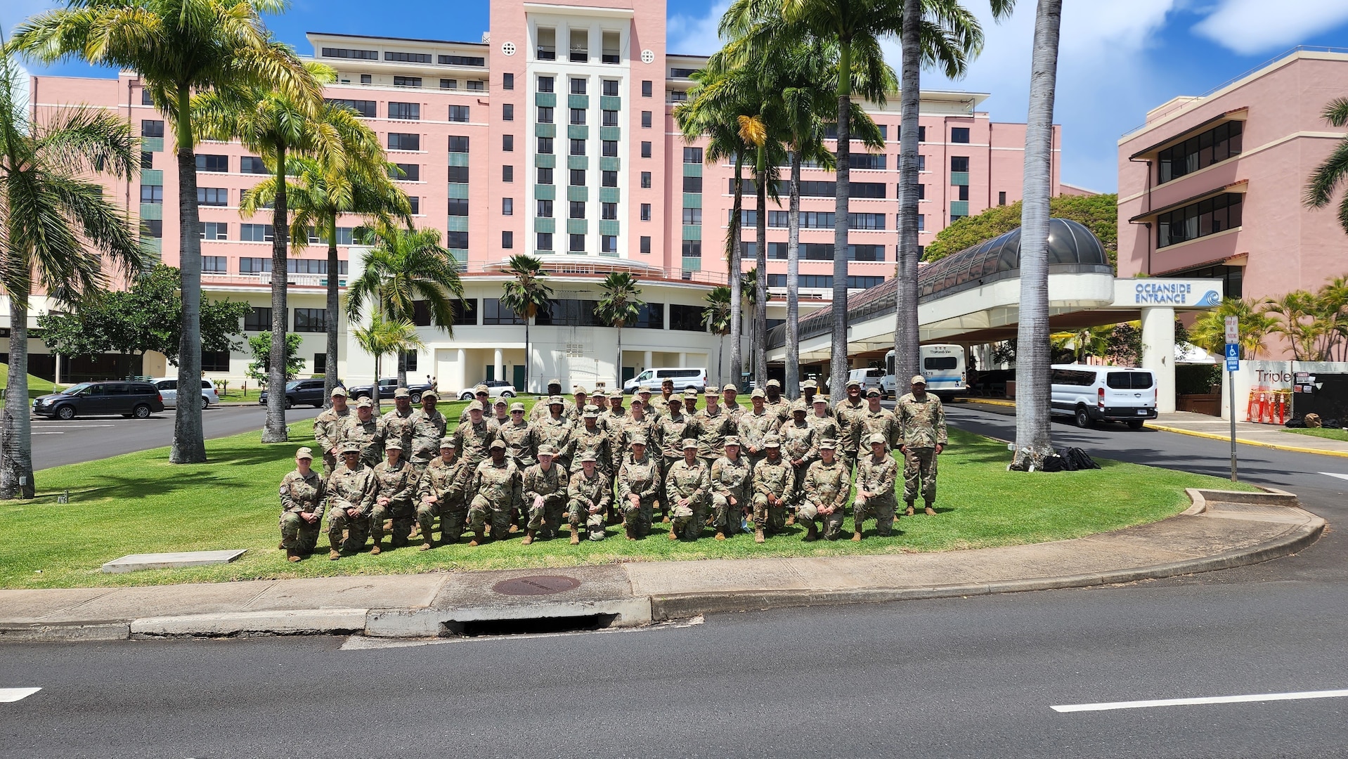 U.S. Air Force Airmen assigned to the 125th Medical Group, Florida Air National Guard, in front of Tripler Army Medical Center, Army Post Schofield Barracks, in Honolulu July 13, 2022. The multidisciplinary team of physicians, nurses, nurse practitioners, dentists and bioenvironmental technicians satisfied much-needed inpatient clinical hours and medical training in a hospital environment.