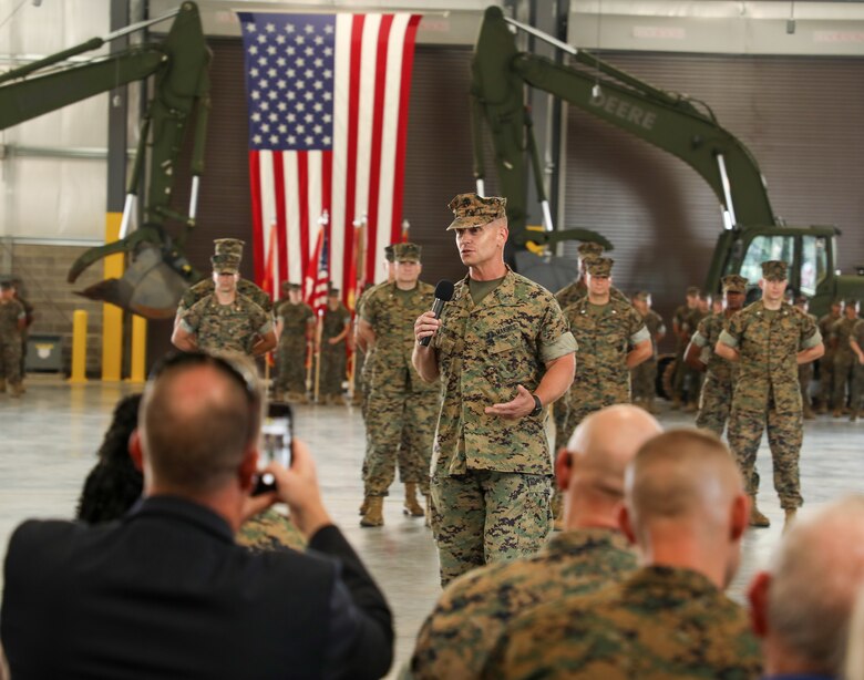 Maj. Gen. Keith D. Reventlow, commanding general, Marine Corps Logistics Command, addresses Marines, family, civilian-Marines, and guests during a change-of-command ceremony held at Marine Corps Logistics Base Albany, Ga., July 18. (U.S. Marine Corps Photo by Nathan Hanks)