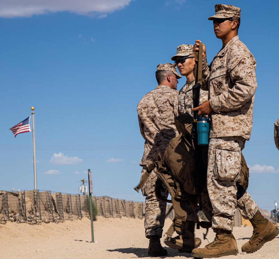 U.S. Marines with Marine Wing Support Squadron (MWSS) 473, 4th Marine Aircraft Wing, unload their gear in preparation for Integrated Training Exercise (ITX) 4-22 at Marine Corps Air-Ground Combat Center, Twentynine Palms, California on July 16, 2022. Reserve Marines and Sailors have come together from across the nation to form an integrated Marine Air-Ground Task Force to take part in a live-fire, combined arms exercise that will better prepare Marine Forces Reserve in its mission to augment and reinforce the Active Component. (U.S. Marine Corps Photo by Cpl. Ryan Schmid)