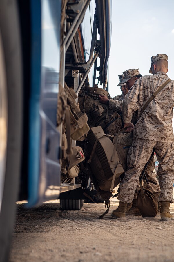 U.S. Marines with Marine Wing Support Squadron (MWSS) 473, 4th Marine Aircraft Wing, unload their in preparation for Integrated Training Exercise (ITX) 4-22 at Marine Corps Air Ground Combat Center, Twentynine Palms, California on July 16, 2022. Reserve Marines and Sailors have come together from across the nation to form an integrated Marine Air-Ground Task Force to take part in a live-fire, combined arms exercise that will better prepare Marine Forces Reserve in its mission to augment and reinforce the Active Component. (U.S. Marine Corps Photo by Cpl. Ryan Schmid)