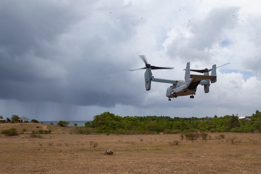 An MV-22B Osprey assigned to Marine Medium Tiltrotor Squadron (VMM) 266 takes off during French-Caribbean exercise Caraibes 22 at Sainte-Rose, Guadeloupe, June 13, 2022. Caraibes 22 is a French-led, large-scale, joint-training exercise in the Caribbean involving naval, air, and land assets from the French, U.S., and regional forces focused on responding to simulated-natural disasters. VMM-266 is a subordinate unit to 2nd Marine Aircraft Wing, which is the aviation combat element of II Marine Expeditionary Force. (U.S. Marine Corps photo by Cpl. Caleb Stelter)