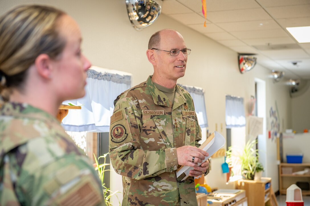 Gen. Duke Z. Richardson, Air Force Materiel Command commander, receives a mission and capabilities brief of the Child Development Center on Edwards Air Force Base, California, July 13. (U.S. Air Force photo by James West)