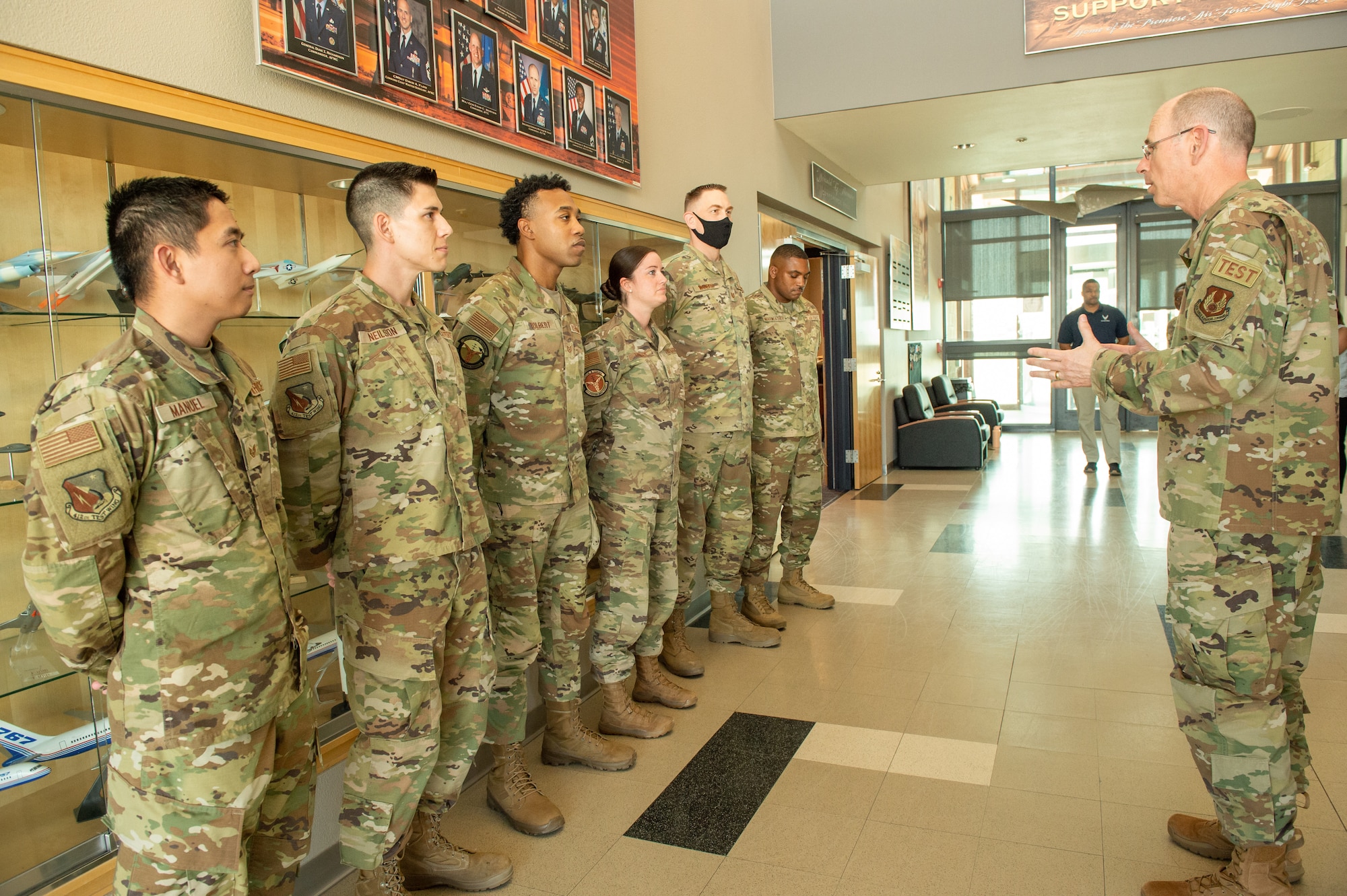 Gen. Duke Z. Richardson, Air Force Materiel Command commander, talks to a group of enlisted 412th Test Wing Airmen during his visit to Edwards Air Force Base, California, July 14. (U.S. Air Force photo by Lisa Dixon)