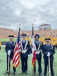 Air Force ROTC Cadet Gursharan Virk, third from left, takes part in Detachment 255’s color guard ceremony at a football game at the University of Iowa in 2021. Virk is the first Sikh ROTC cadet to be granted religious accommodations by the Air Force in observation of his faith. The accommodations include wear of a turban and facial hair. (Courtesy photo)