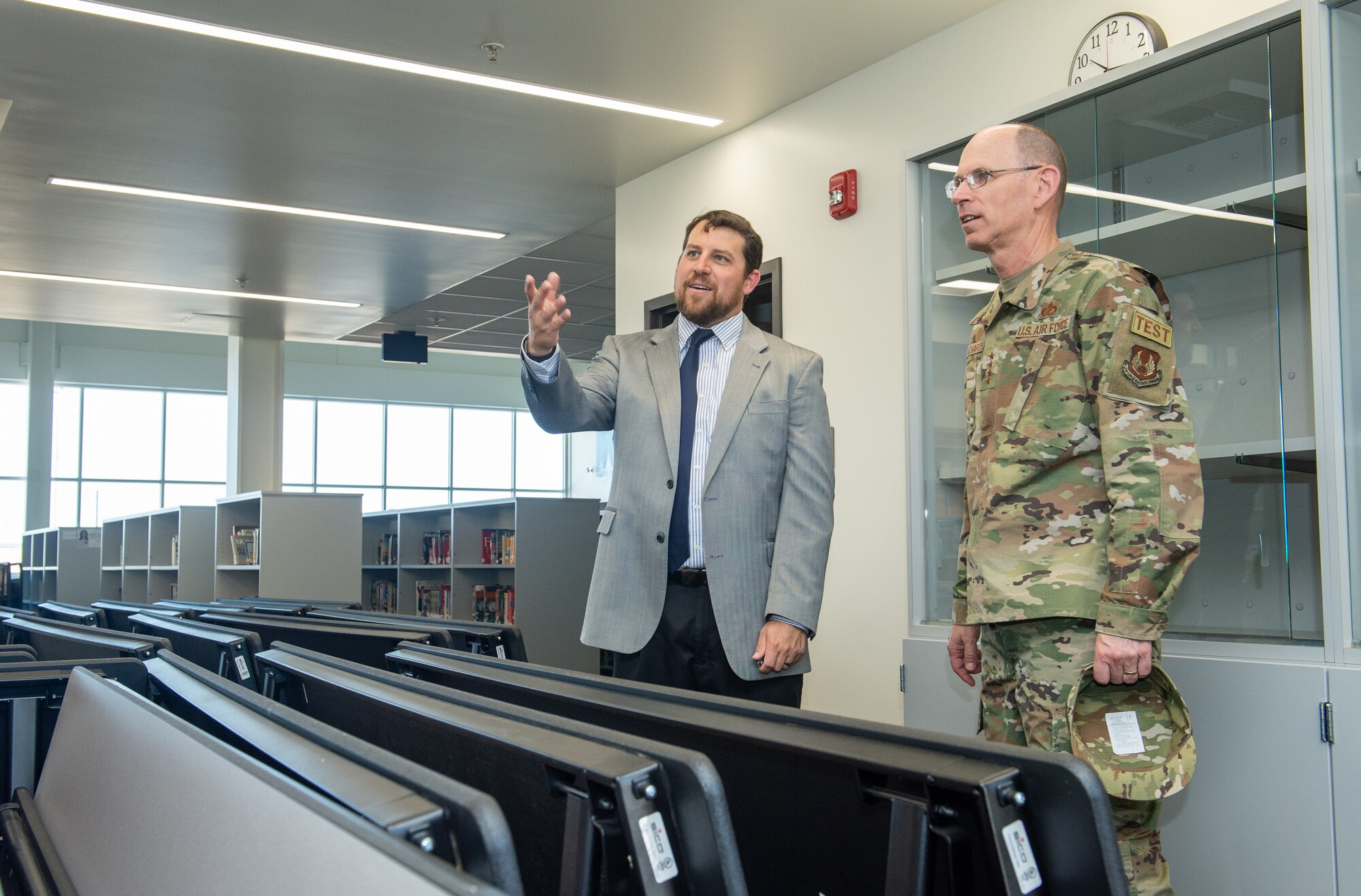 Gen. Duke Z. Richardson, Air Force Materiel Command commander, tours the soon-to-open Desert Junior/Senior High School and learns about the new and construction and facilities installed for the students during his visit to Edwards Air Force Base, California, July 13. (U.S. Air Force photo by James West)