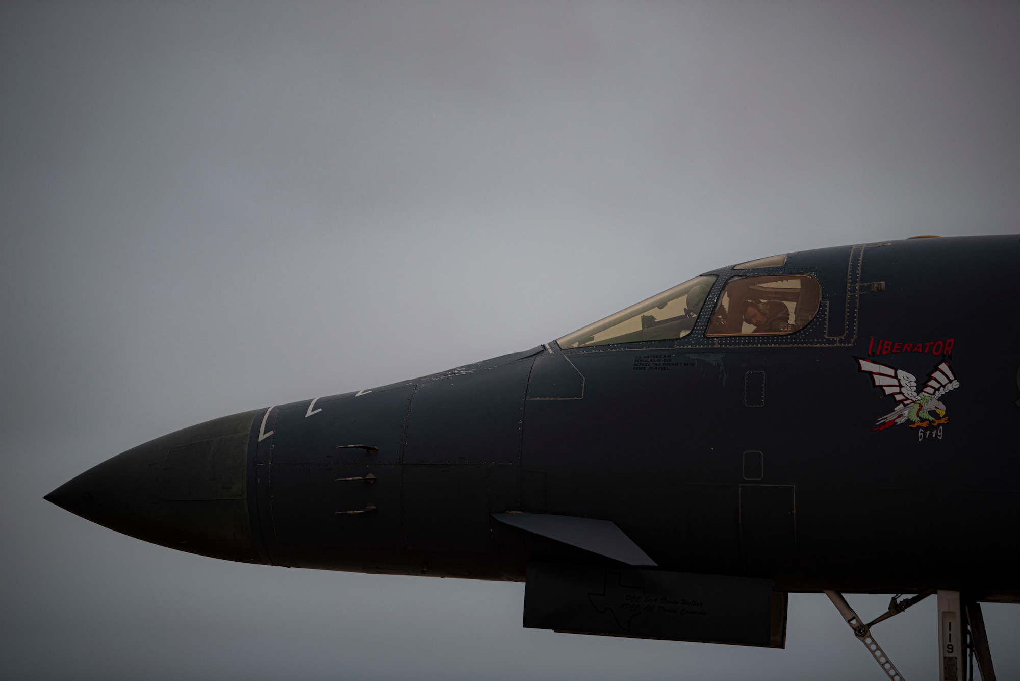 Aircrew assigned to the 9th Expeditionary Bomb Squadron conduct preflight checks in a B-1B Lancer at Dyess Air Force Base, Texas, Oct. 19, 2020. The B-1 is capable of delivering massive quantities of precision and non-precision munitions against any adversary, anywhere in the world at any time. (U.S. Air Force photo by Airman 1st Class Colin Hollowell)