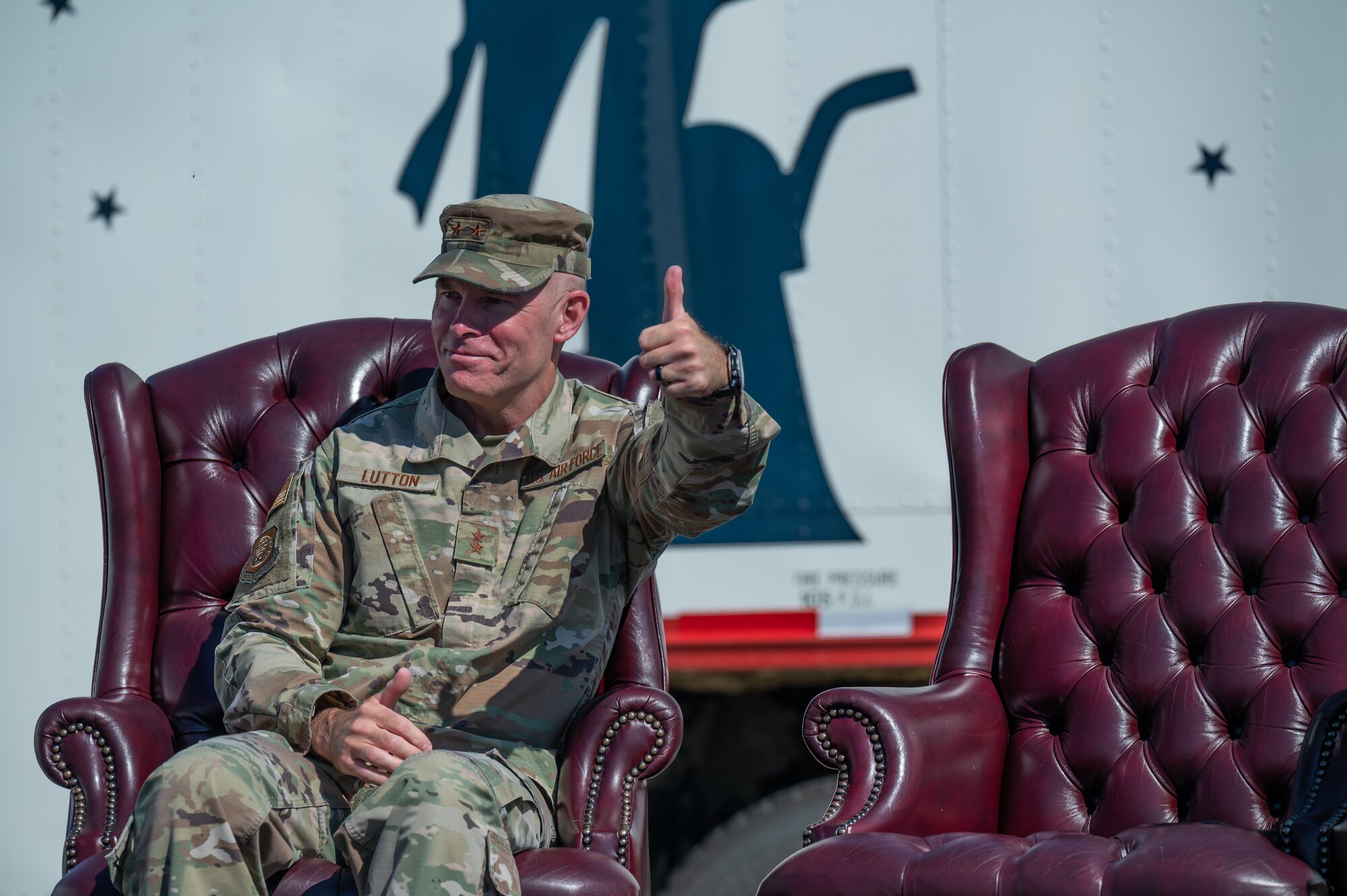 Maj. Gen. Michael Lutton, 20th Air Force commander, gives a thumbs up during the 341st Missile Wing change of command ceremony July 18, 2022 at Malmstrom Air Force Base, Mont.