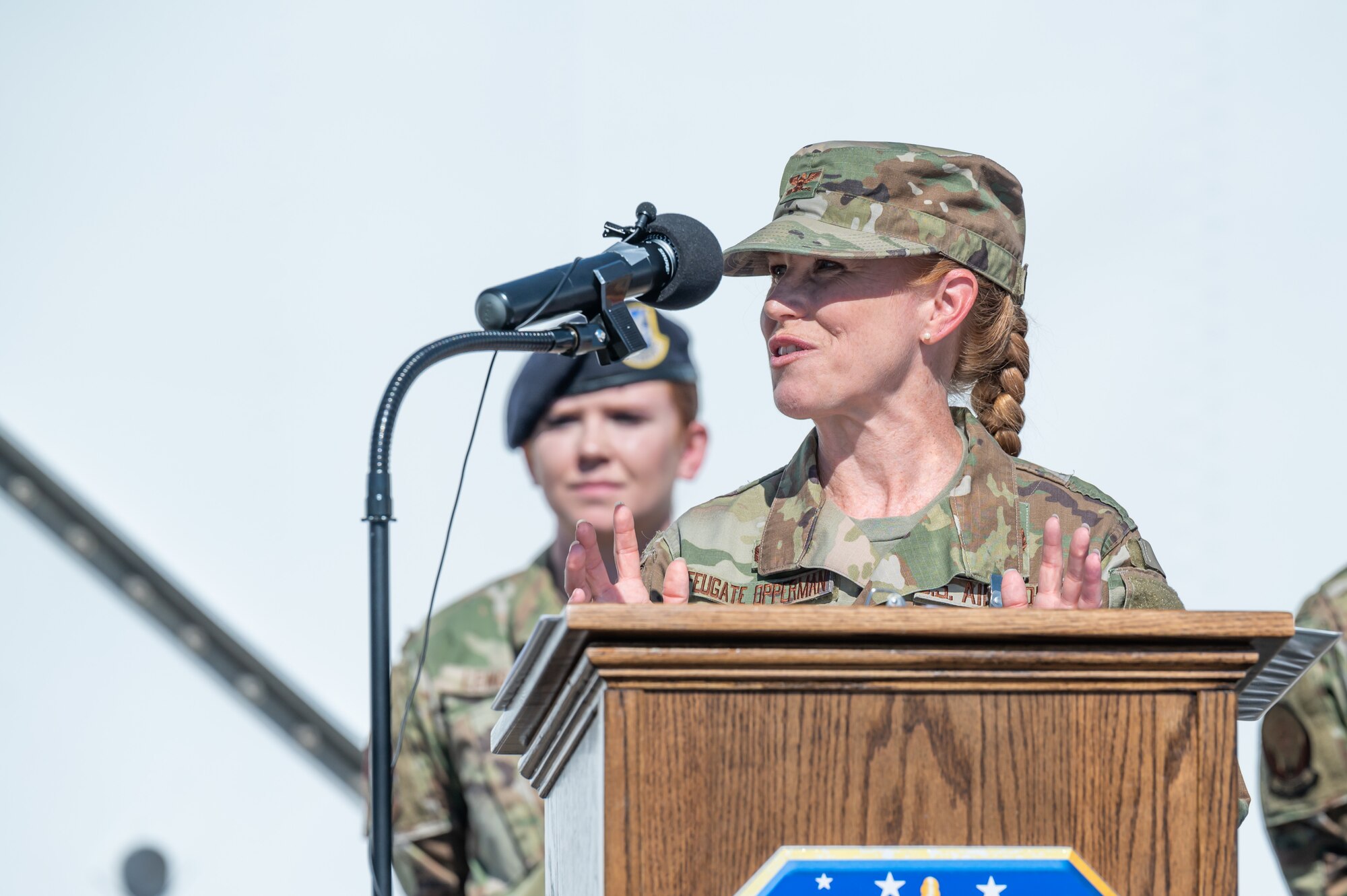 Col. Anita Feugate Opperman, 341st Missile Wing outgoing commander, speaks to the wing for the final time during a change of command ceremony July 18, 2022, at Malmstrom Air Force Base, Mont.