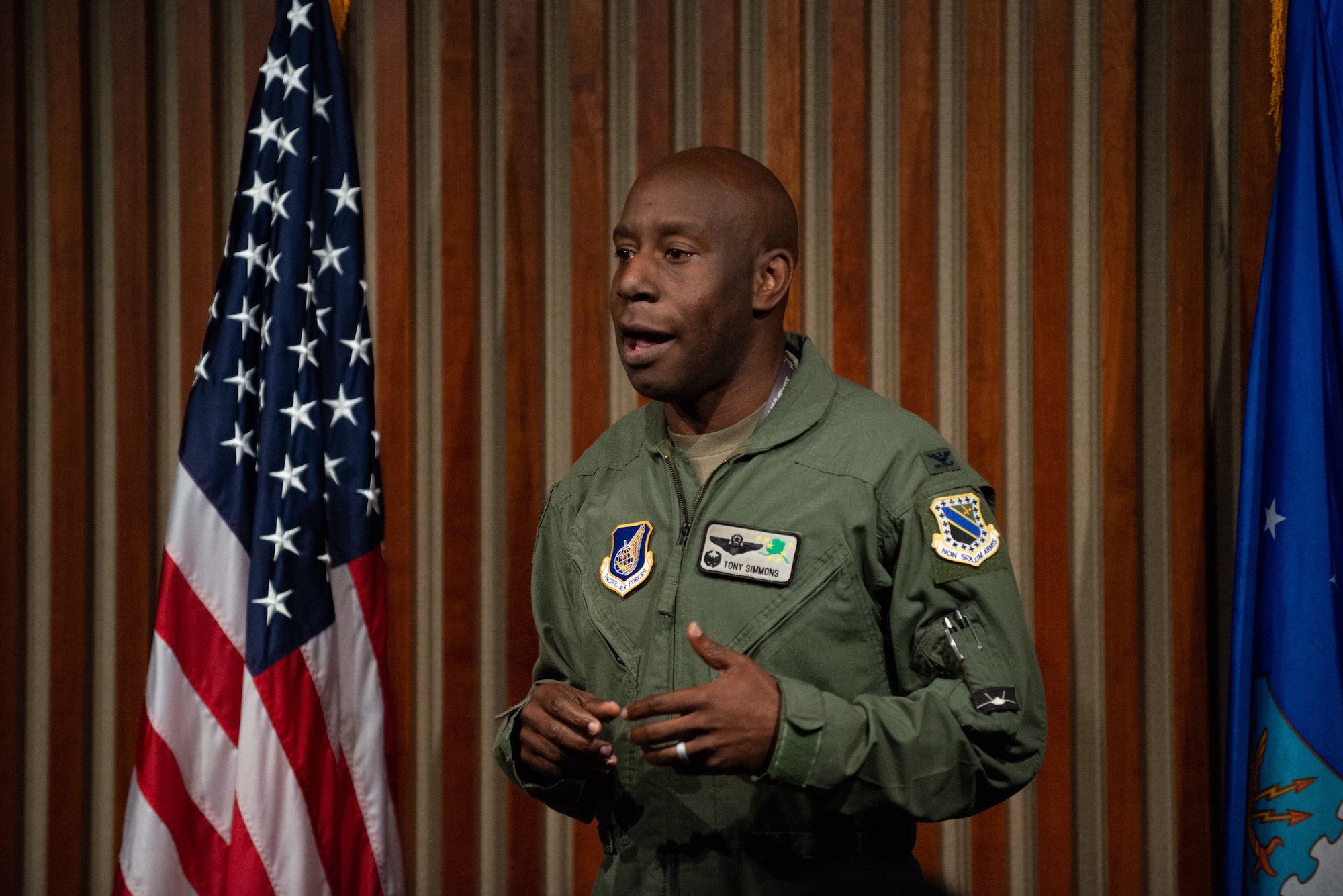 U.S. Air Force Col. Travolis Simmons speaks to graduating students.