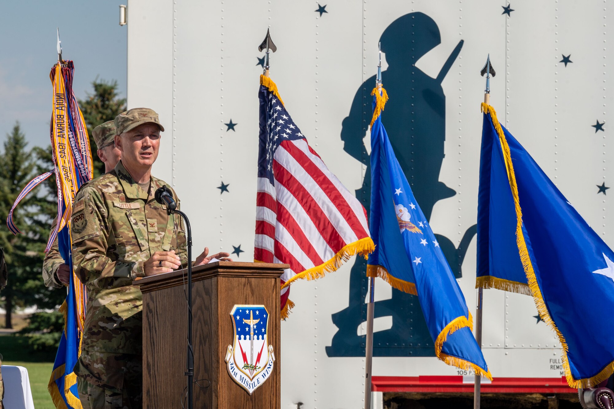 Col. Barry Little, 341st Missile Wing commander, addresses the wing for the first time during a change of command ceremony July 18, 2022, at Malmstrom Air Force Base, Mont.