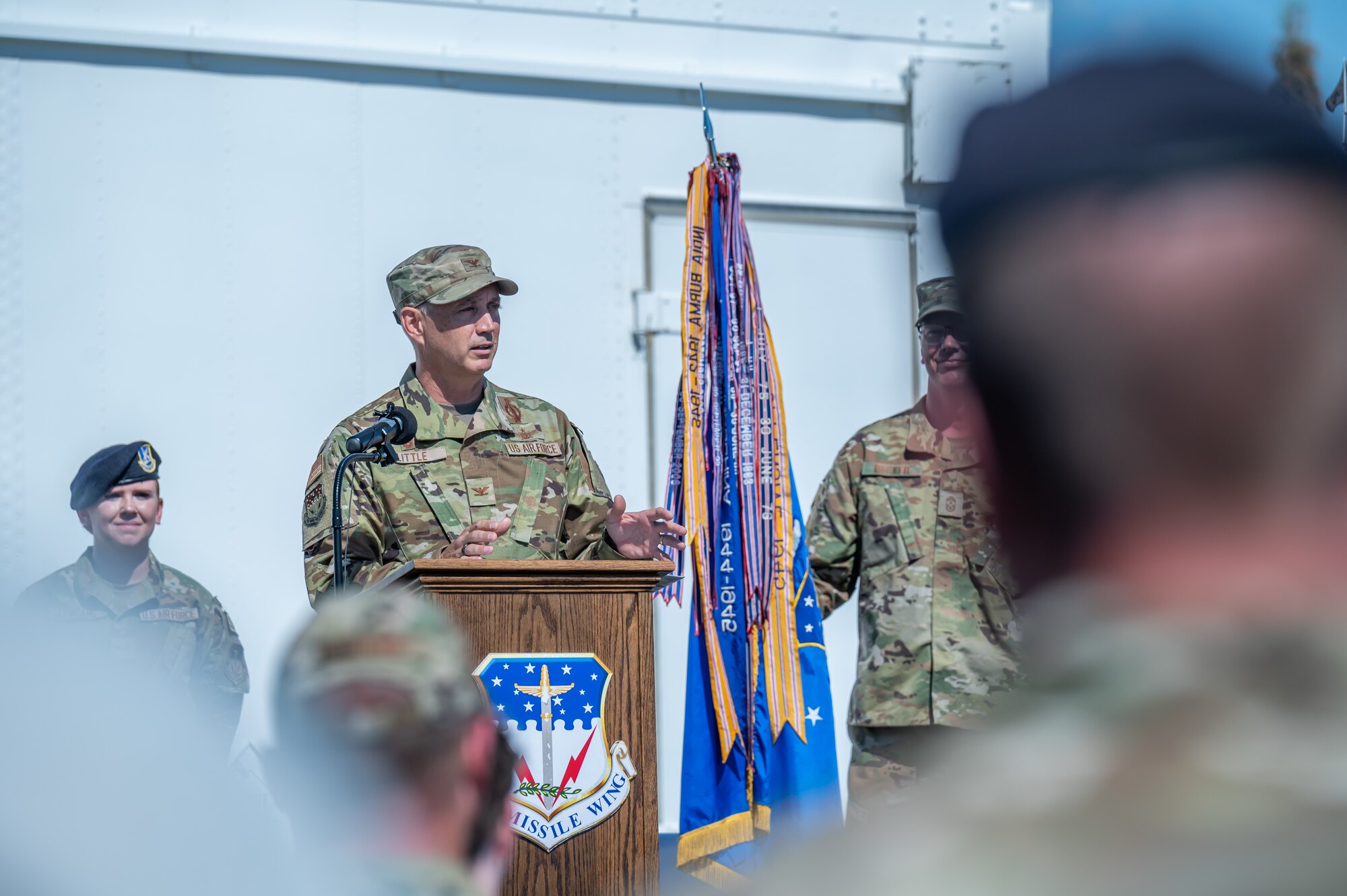 Col. Barry Little, 341st Missile Wing commander, addresses the wing for the first time during a change of command ceremony July 18, 2022, at Malmstrom Air Force Base, Mont.