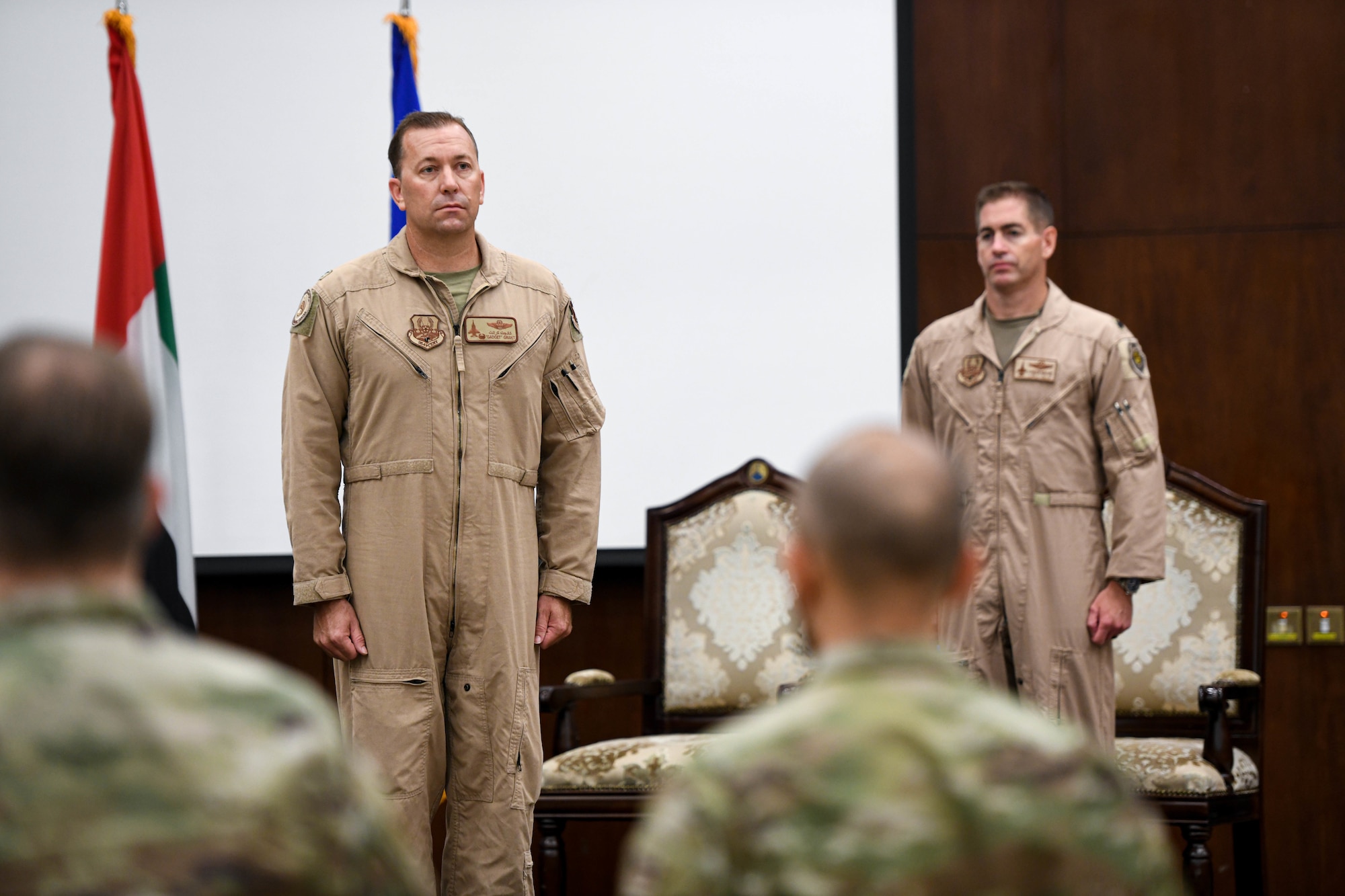The Ninth Air Force (Air Forces Central) Air Warfare Center held a change of command ceremony July 15, 2022, at Erth Hotel, Abu Dhabi, United Arab Emirates. Col. Jordan G. Grant, the previous commander of AFCENT AWC passed the guidon to Lt. Col Kevin Walsh.