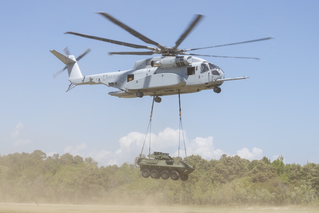 The CH-53K King Stallion, the Marine Corps’ newest heavy-lift helicopter, can lift up to 36,000 pounds of equipment, holds up to 30 troops, and features a computerized fly-by-wire system for semiautonomous piloting. (U.S. Marine Corps photo by Lance Cpl. Elias E. Pimentel III)