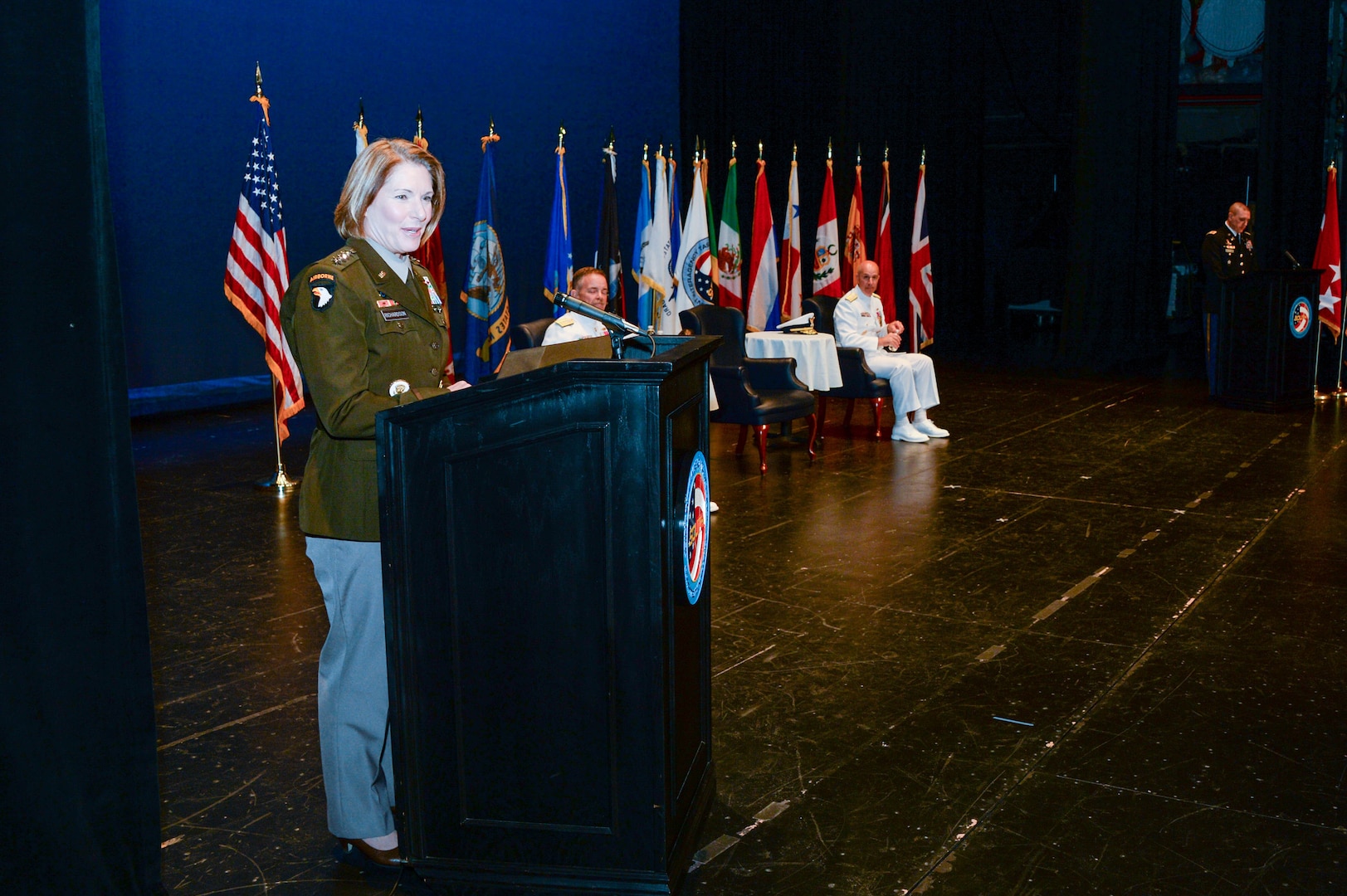 U.S. Army General Laura J. Richardson, commander, U.S. Southern Command, gives her remarks during a change of command ceremony.