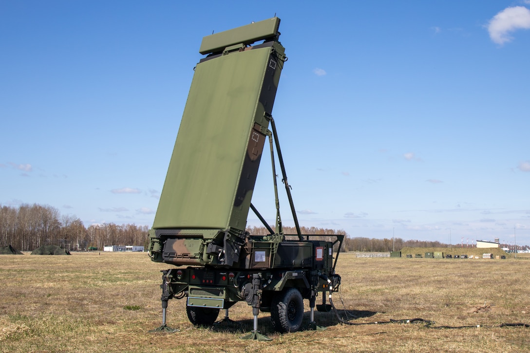 A U.S. Marine Corps AN/TPS-80 Ground/Air Task Oriented Radar system (G/ATOR), assigned to Marine Air Control Squadron 2, 2nd Marine Aircraft Wing (MAW), scans for and tracks aircraft at Siauliai Air Base, Lithuania, April 26, 2022. 2nd MAW units are deployed to enhance NATO's capabilities in Eastern Europe at the invitation of the host nation. (U.S. Marine Corps photo by Cpl. Adam Henke)