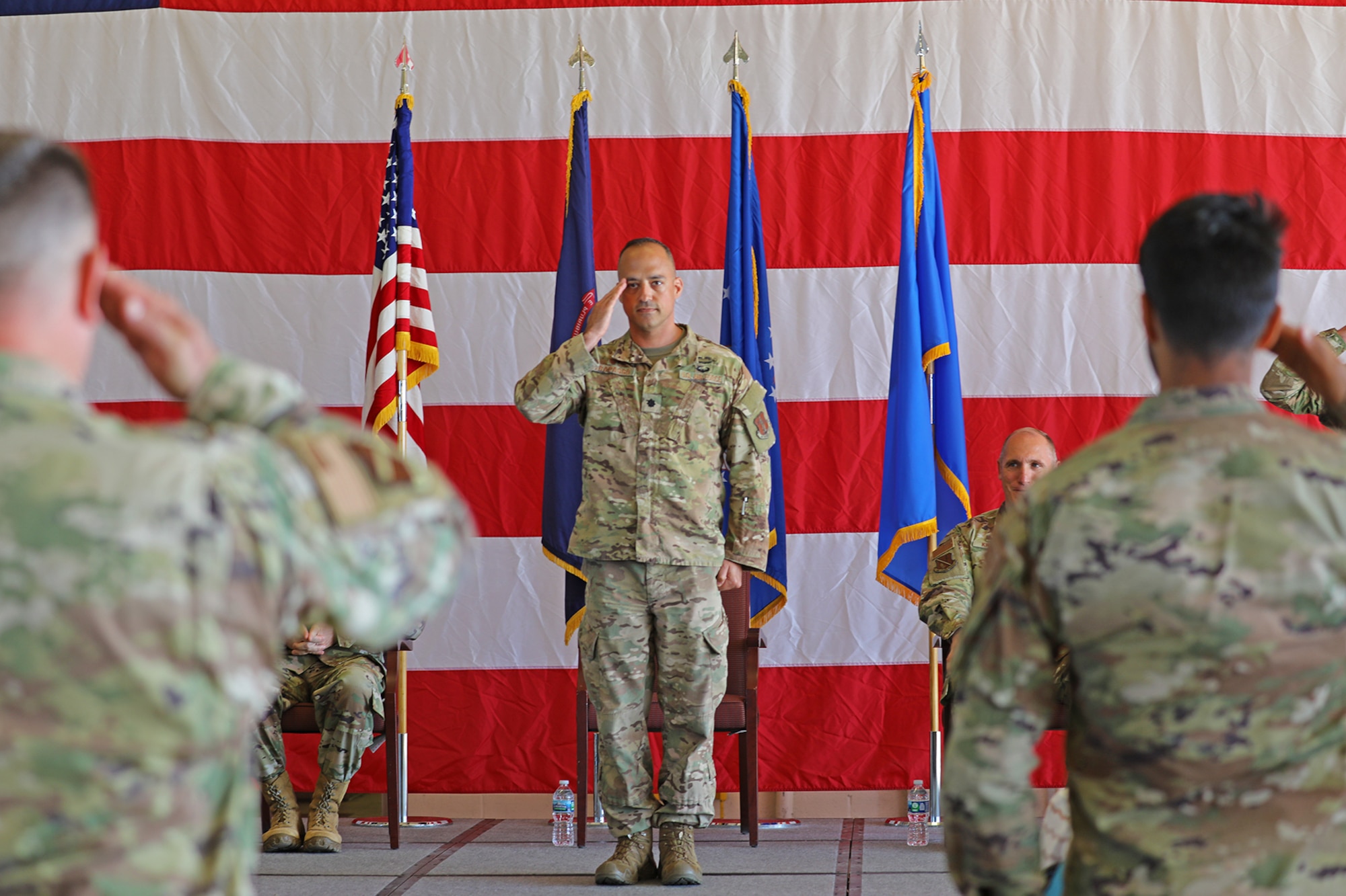 Lt. Col. Sam Trapasso renders the first salute  to the 127th Mission Support Group during his change-of-command ceremony at Selfridge Air National Guard Base, Michigan, June 4, 2022. Trapasso took command of the 127th Mission Group from Col. Daniel Kramer at the ceremony. (U.S. Air National Guard photo by Staff Sgt. Drew Schumann)