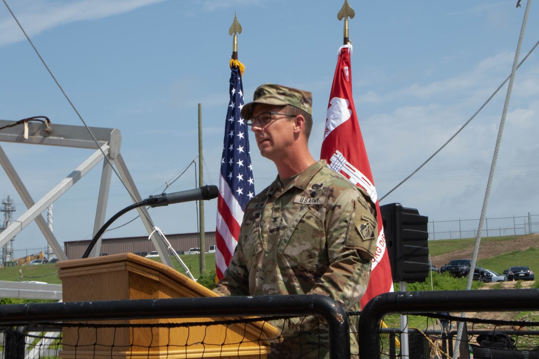 USACE Vicksburg District held a ship out ceremony to commemorate the deployment of the Mat Sinking Unit for its annual season of revetment. Vicksburg District Col. Chris Klein provided remarks.