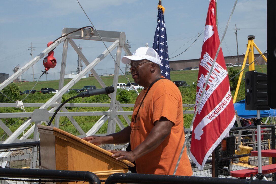 USACE Vicksburg District held a ship out ceremony to commemorate the deployment of the Mat Sinking Unit for its annual season of revetment. Elder Carl Young, MSU winchman and associate minister of the Oasis of Love (Church of God in Christ) in Lake Village, Arkansas, blessed the fleet.