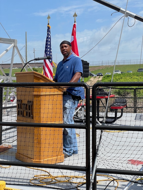 USACE Vicksburg District held a ship out ceremony to commemorate the deployment of the Mat Sinking Unit for its annual season of revetment. Mat Sinking Unit Chief Maurice Gilmore provided remarks.