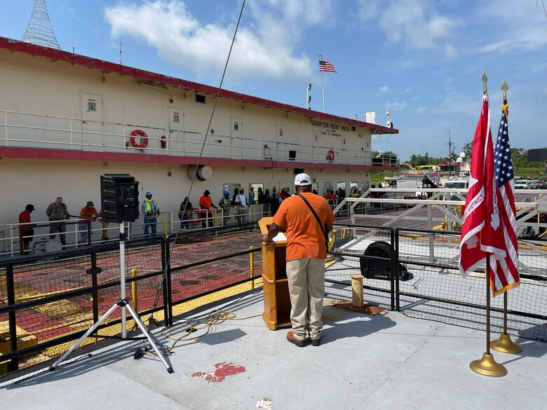 USACE Vicksburg District held a ship out ceremony to commemorate the deployment of the Mat Sinking Unit for its annual season of revetment. Elder Carl Young, MSU winchman and associate minister of the Oasis of Love (Church of God in Christ) in Lake Village, Arkansas, blessed the fleet.