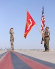 U.S. Marine Corps Lt. Col. Robert Reinoehl, left, outgoing commanding officer, Headquarters and Headquarters Squadron (H&HS), Marine Corps Air Station (MCAS) Yuma, Arizona, renders a salute during a change of command ceremony aboard the installation, June 30, 2022. Reinoehl commanded H&HS for two years and relinquished command to Lt. Col. Michael Hayes, previously the MCAS Yuma operations officer. (U.S. Marine Corps photo by Lance Cpl. Jade Venegas)