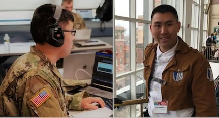 Warrant Officer Candidate Adam Wong joins Your NH Guard to discuss his role as an information technology analyst in NHARNG's Detachment 1, 136th Cyber Security Company, and at MIT Lincoln Laboratory. In photo from left, Wong participates in a Cyber Yankee training exercise June 16, 2022, in Niantic, Connecticut; Wong attends the Anime Boston convention April 19, 2019, at Hynes Convention Center dressed as an Attack on Titan soldier. (courtesy photos)