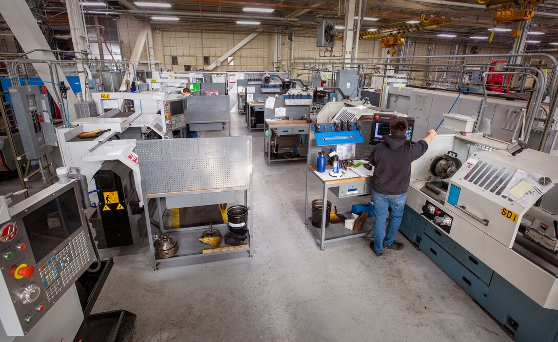 Puget Sound Naval Shipyard & Intermediate Maintenance Facility Shop 31 employees at the short-run work center manufacture components and parts with a short duration turn around time, using lathes. The standardization and modernization of work centers help the Inside Shop Pillar of Naval Sustainment Systems-Shipyards focus on predictability of work completion and the improvement of repair and manufacturing capabilities. (U.S. Navy photo by Wendy Hallmark)