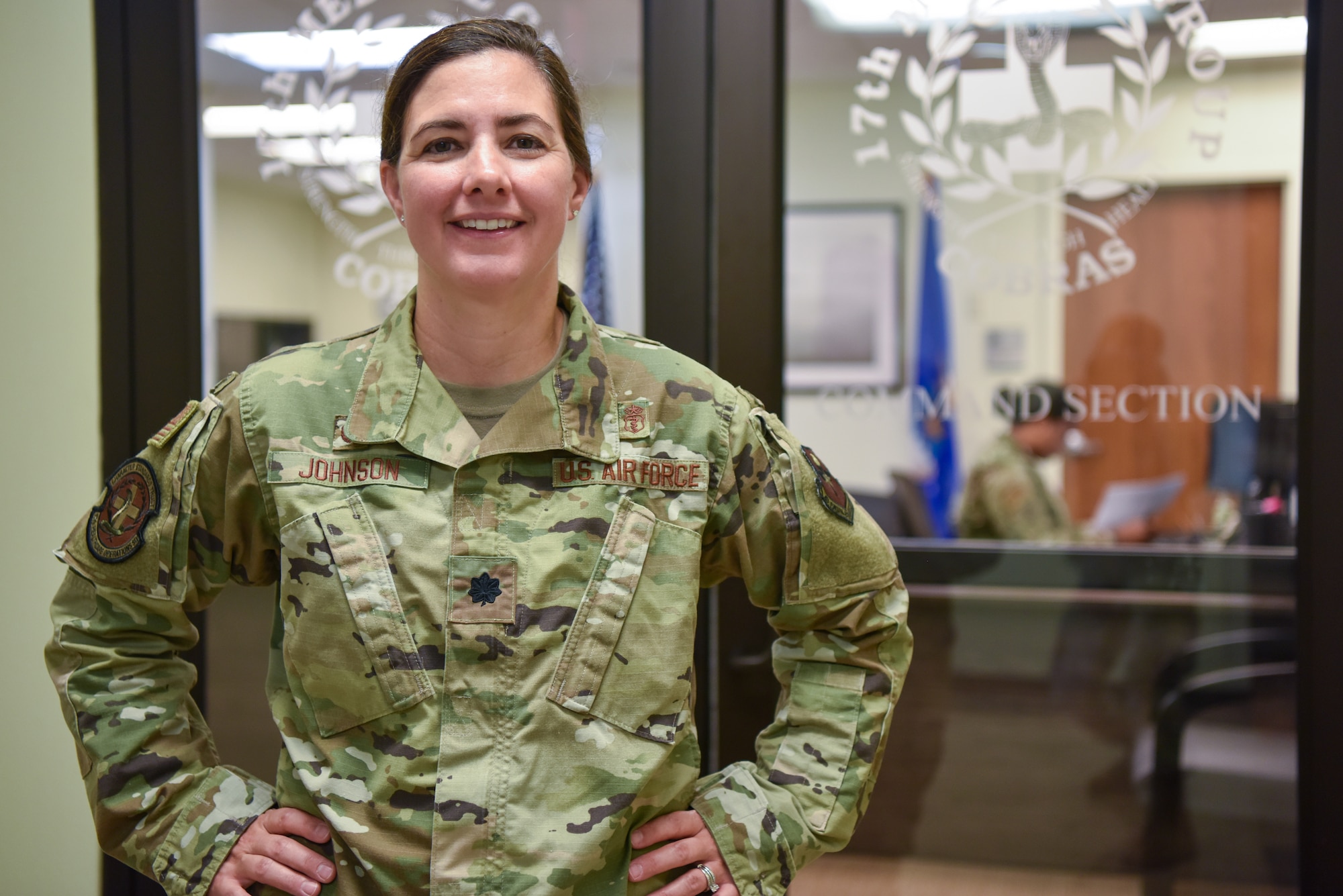 U.S. Air Force Lt. Col. Jennifer Johnson, 17th Healthcare Operations Squadron commander, poses for a photo, Goodfellow Air Force Base, Texas, Jul 14, 2022. Johnson’s leadership philosophy focuses on taking care of people and cultivating the environment. (U.S. Air Force photo by Staff Sergeant Jermaine Ayers)