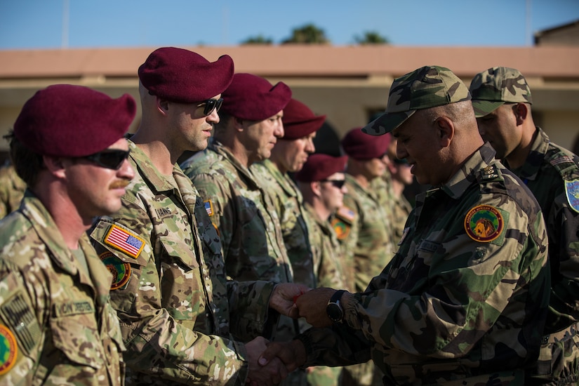 Soldiers stand in a formation and receive their foreign airborne wings.