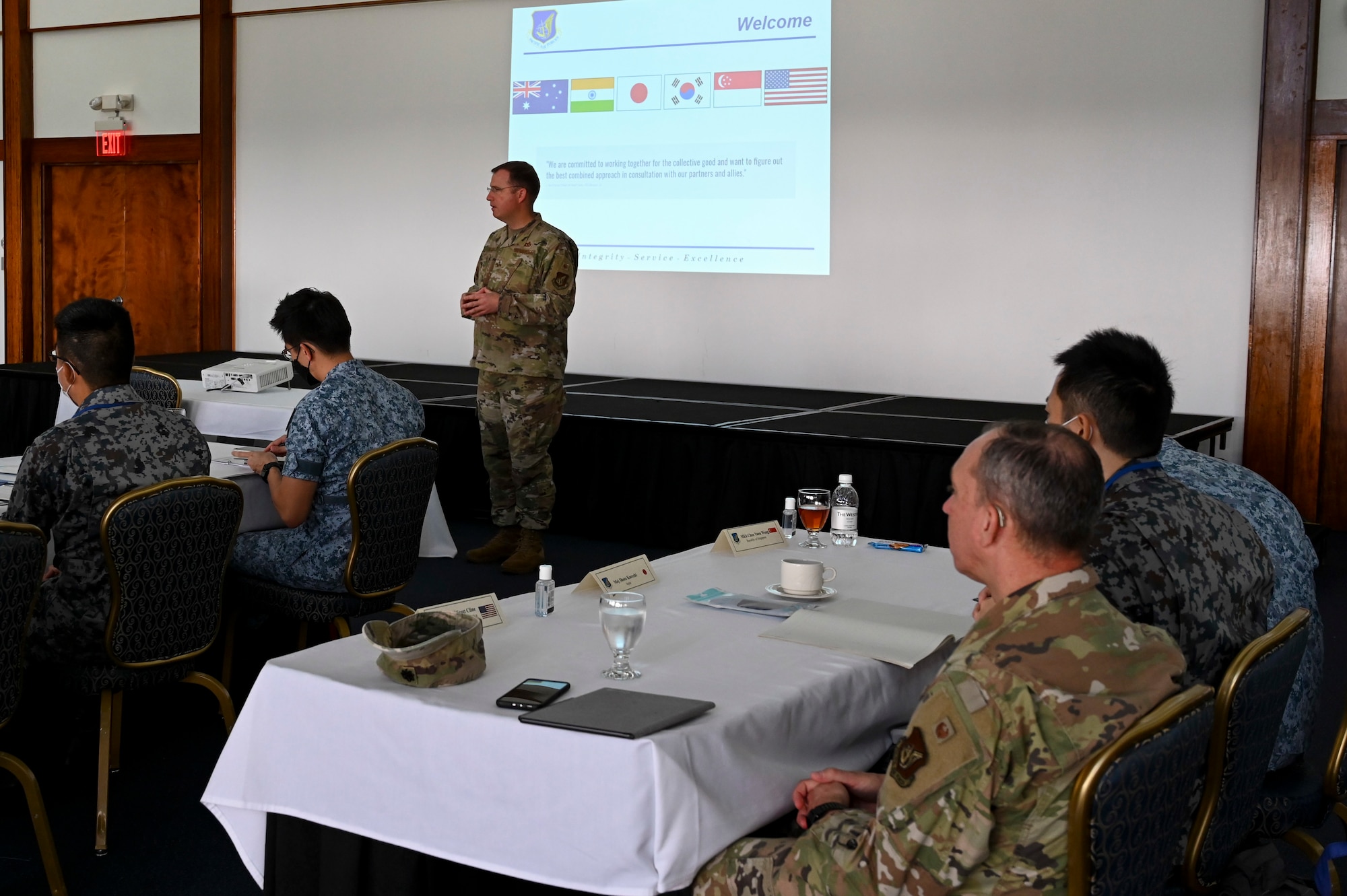 U.S. Air Force Col. David Novy. Chief of the Civil Engineer Division, Pacific Air Forces, gives a welcome brief at the Pacific Unity Multi-Lateral Civil Engineer Key Leader Engagement, June 22, 2022 at Andersen Air Force Base, Guam. Themes during this KLE included topics of shared interest across the allies and partners such as joint capabilities, leveraging expertise in the Total Force, and increased frequency of subject matter expert exchanges and multi-lateral training. (U.S. Air Force Photo by Airman 1st Class Emily Saxton)