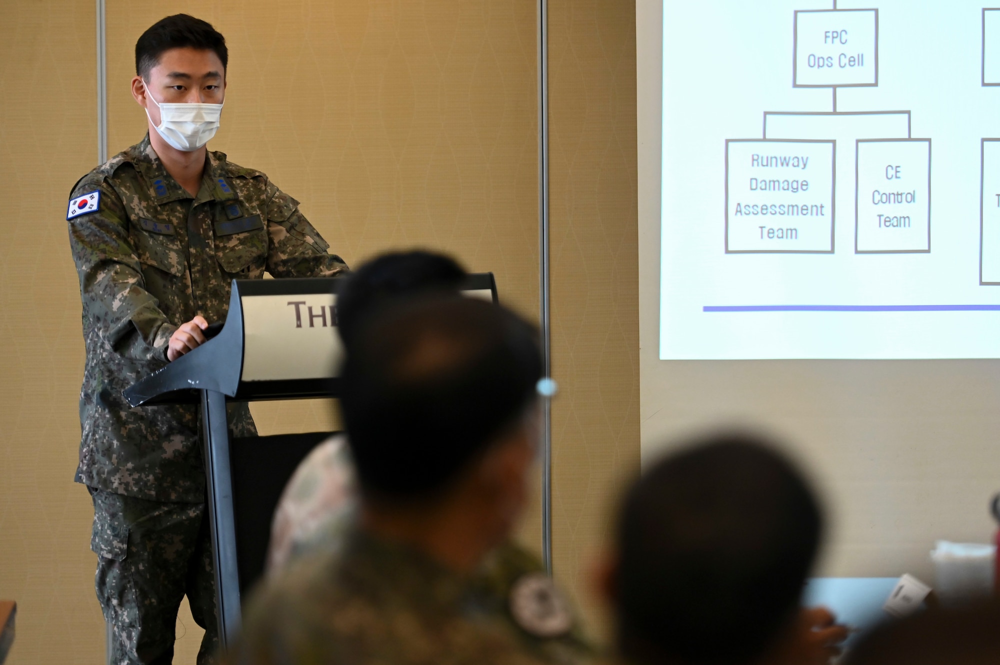 A member from the Republic of South Korea Air Force gives a briefing during the Pacific Unity Multi-Lateral Civil Engineer Key Leader Engagement, June 24, 2022 at Andersen Air Force Base, Guam. Themes during this KLE included topics of shared interest across the allies and partners such as joint capabilities, leveraging expertise in the Total Force, and increased frequency of subject matter expert exchanges and multi-lateral training. (U.S. Air Force photo by Airman 1st Class Emily Saxton)