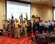 The Three Affiliated Tribes veterans post the colors at Fort Berthold Reservation New Town, N.D. July 19, 2022.