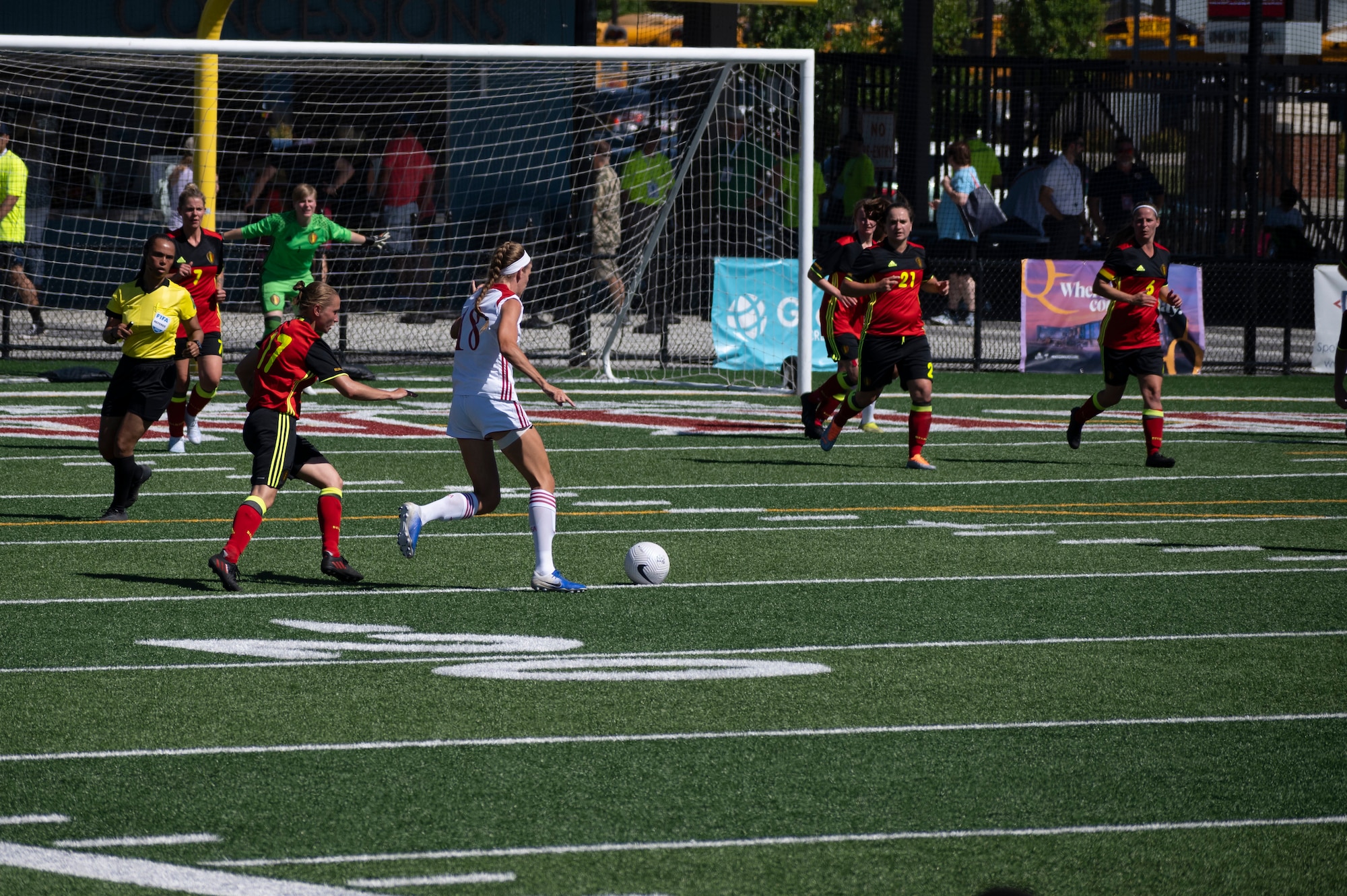 U.S. Air Force Capt. Morgan Roberts, U.S. Armed Forces Women’s Soccer forward, strikes the ball toward the opposing goal, Jul. 11, 2022 in Meade, Wash. The U.S. Armed Forces team won the match against Belgium in a 10-0 shutout. (U.S. Air Force photo by Senior Airman Jessica Haynie)