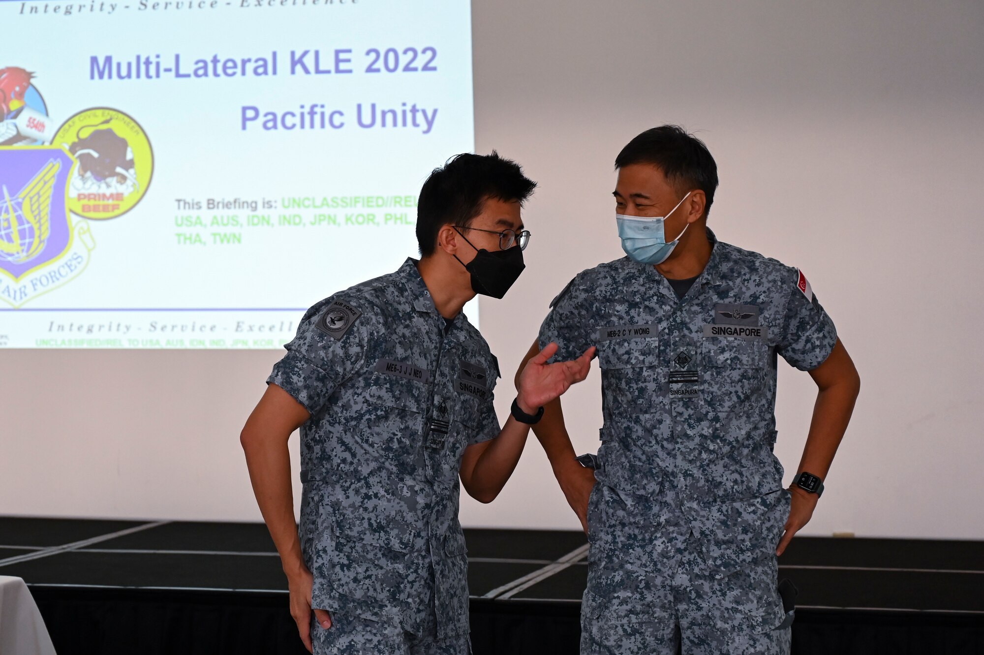 Members of the Republic of Singapore Air Force attend the Pacific Unity Multi-Lateral Civil Engineer Key Leader Engagement, June 22, 2022 at Andersen Air Force Base, Guam. Senior military leaders from six Indo-Pacific nations gathered for the KLE to focus on multi-lateral efforts accelerating interoperability among their respective engineers. (U.S. Air Force Photo by Airman 1st Class Emily Saxton)