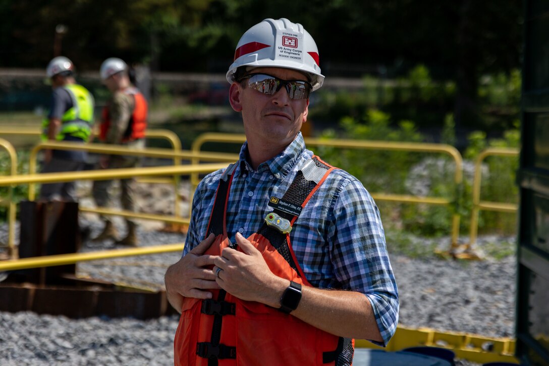 On July 15, Deputy Commanding General Heitkamp visited the Pittsburgh District to tour the construction work at Charleroi Locks and Dam 4 in Belle Vernon, PA. The construction work is part of the Lower Monongahela River project, which will replace the nearly 100-year-old fixed-crest dam with a gated dam at Braddock Locks and Dam 2, remove Locks and Dam 3 in Elizabeth and construct two larger locks at Charleroi Locks and Dam 4 in Belle Vernon. The Braddock, Elizabeth and Charleroi locks are the three oldest operating-navigation facilities on the Monongahela River and experience the highest commercial-traffic volume in the entire Monongahela River Navigation System. (U.S. Army Corps of Engineers photo by Andrew Byrne)