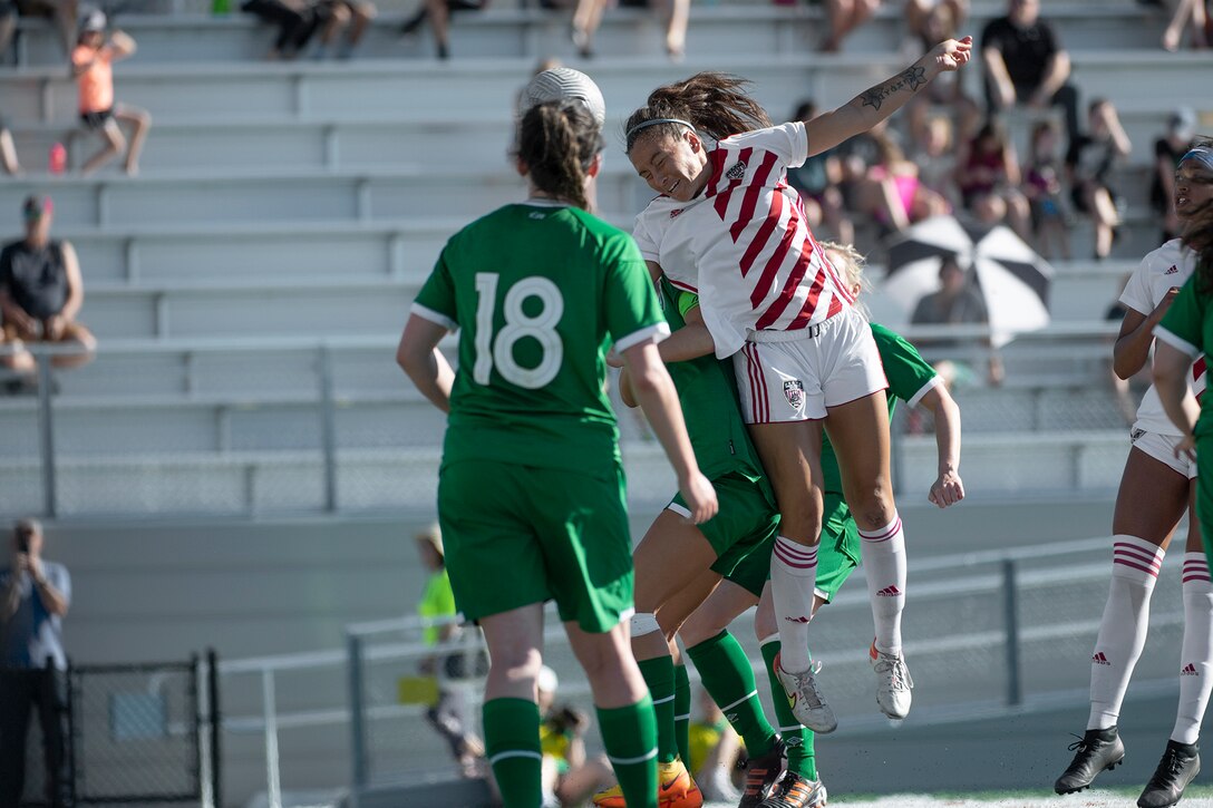 Air Force Capt. Angela Karamanos of the U.S. Armed Forces Women’s Soccer Team scores the fifth goal for Team USA with a header at the end of the second half against Ireland during the 13th CISM (International Military Sports Council) World Military Women’s Football Championship in Meade, Washington July 19, 2022. (DoD photo by EJ Hersom)