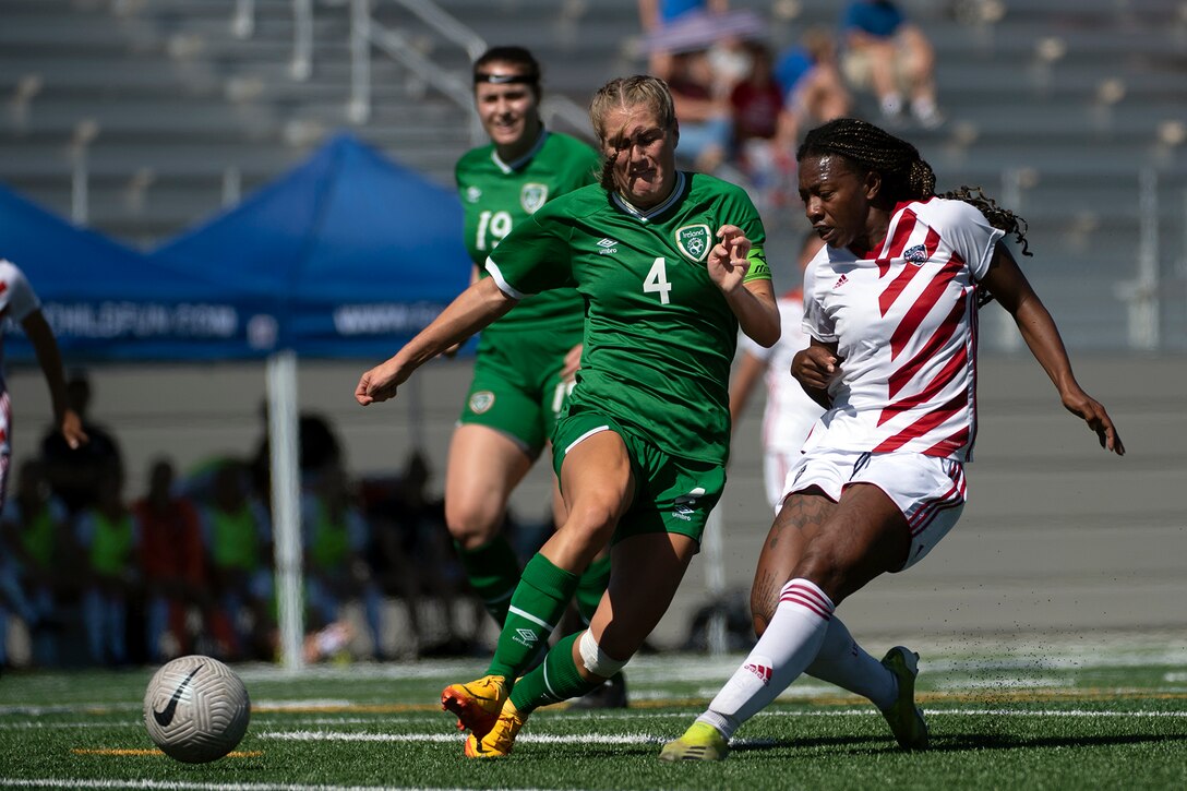 Army 1st Lt. Haley Roberson scores the first goal of five for the U.S. Armed Forces Women’s Soccer Team in a match against Ireland during the 13th CISM (International Military Sports Council) World Military Women’s Football Championship in Meade, Washington July 19, 2022. (DoD photo by EJ Hersom)