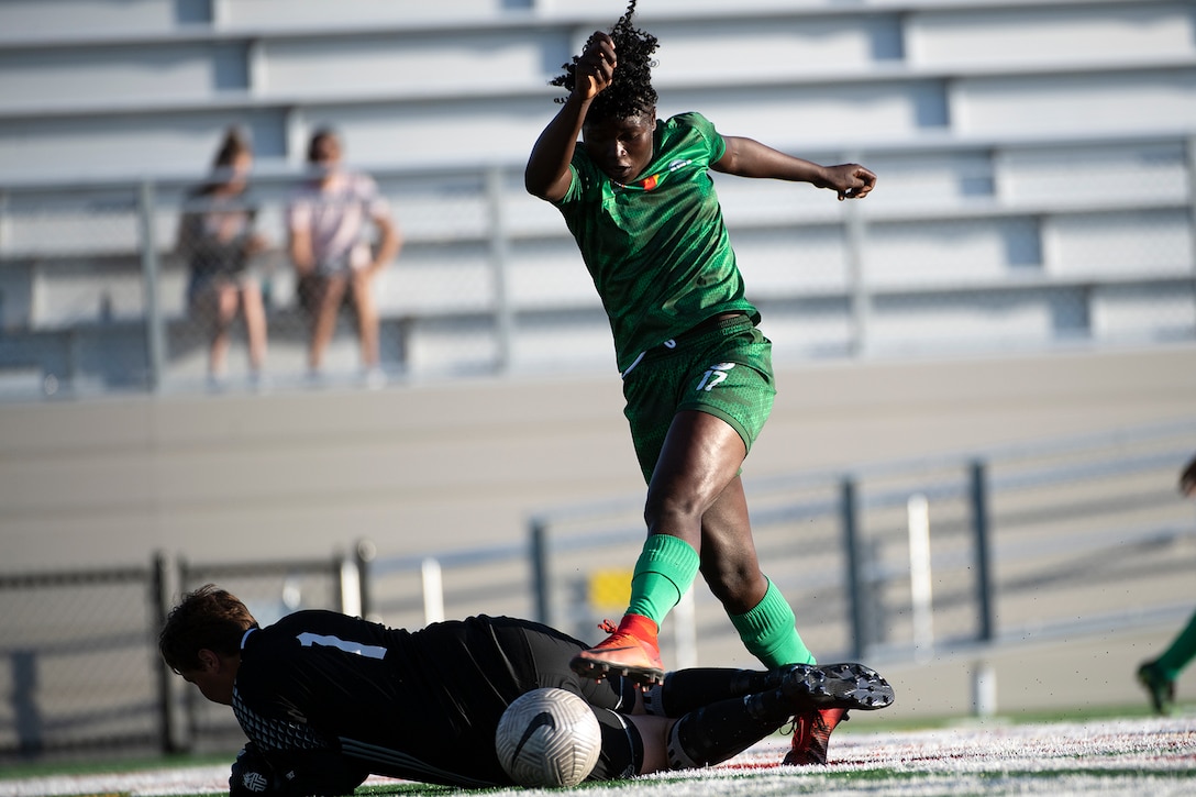 Cameroon’s Ebika Tabe scores one of her several goals in the first half against Belgium during the 13th CISM (International Military Sports Council) World Military Women’s Football Championship in Meade, Washington July 19, 2022. (DoD photo by EJ Hersom)