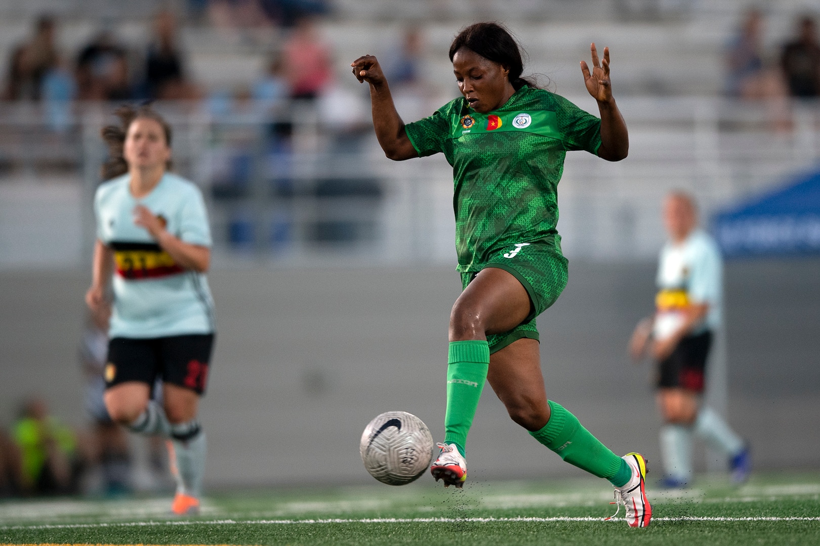 Cameroon’s Guylaine Weladji Tchadeu scores a goal against Belgium during the 13th CISM (International Military Sports Council) World Military Women’s Football Championship in Meade, Washington July 19, 2022. (DoD photo by EJ Hersom)