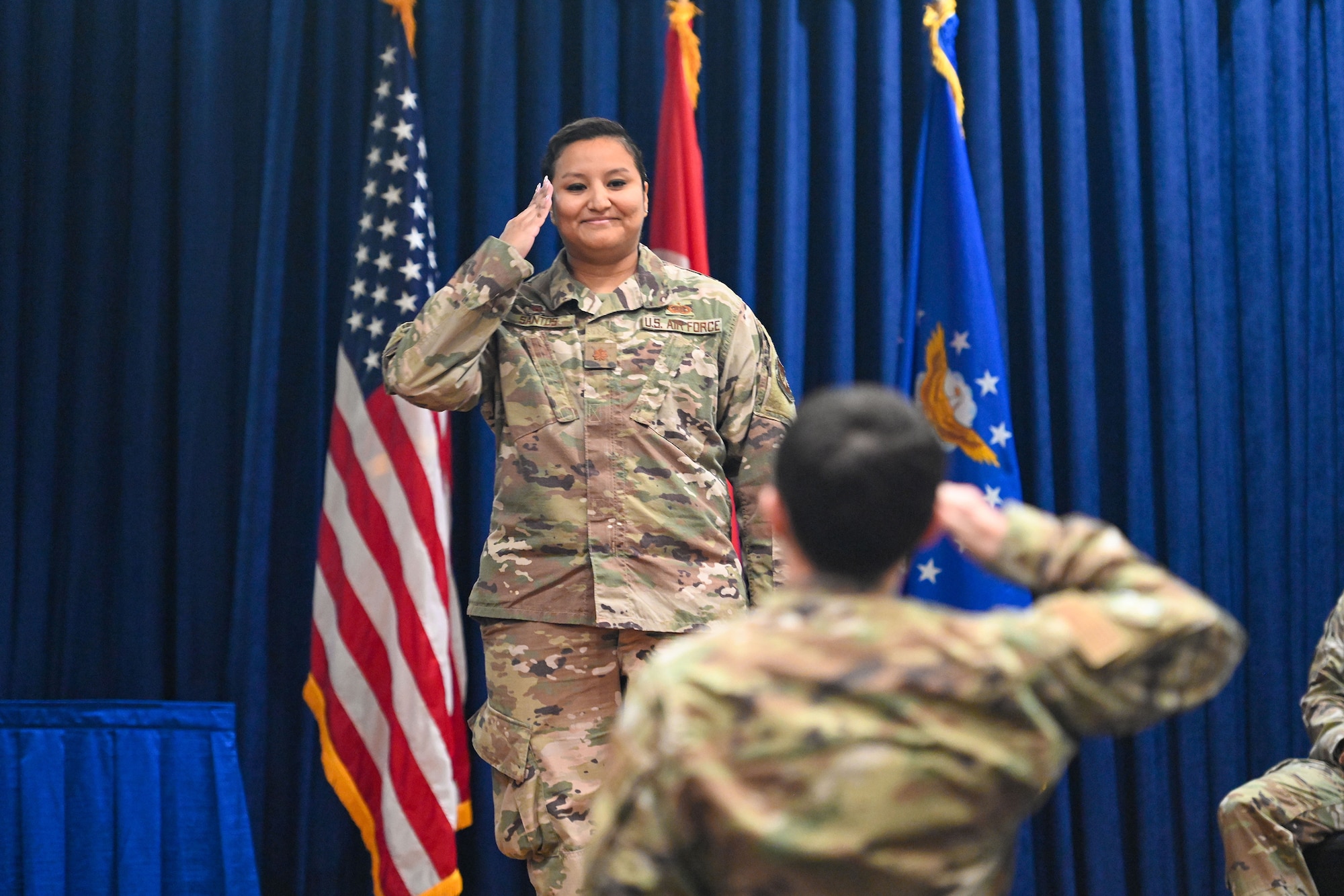 Maj. Claudia Santos, incoming 39th Force Support Squadron commander, renders her first salute during a change of command ceremony at Incirlik Air Base, Turkey, July 15, 2022.