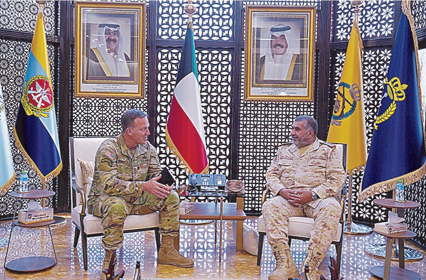 Kuwait Armed Forces Chief of the General Staff Lieutenant General Sheikh Khaled Saleh Al-Sabah meets the Commander of United States Central Command Michael Kurilla.