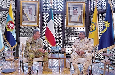 Kuwait Armed Forces Chief of the General Staff Lieutenant General Sheikh Khaled Saleh Al-Sabah meets the Commander of United States Central Command Michael Kurilla.