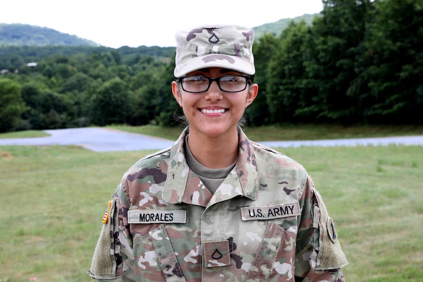 U.S. Army Pfc. Leticia Morales, a native of Georgetown, Del., stands outside the Combined Arms Collective Training Facility at Fort Indiantown Gap, Pa. July 14, 2022. (U.S. Army National Guard photo by Spc. Glenn Brennan)